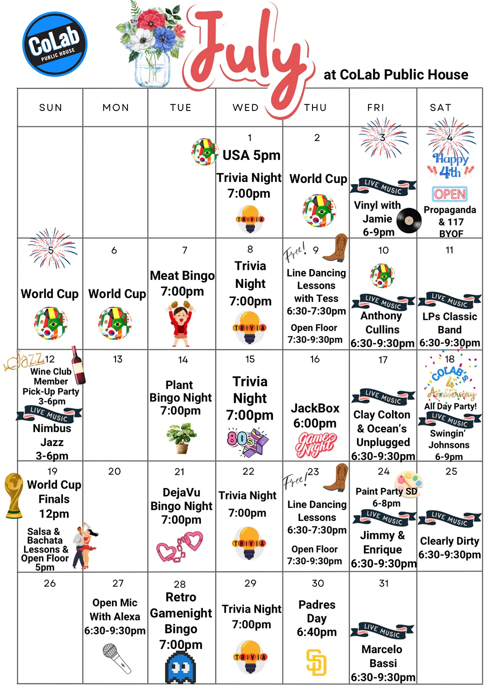 Collab Public House July Calendar